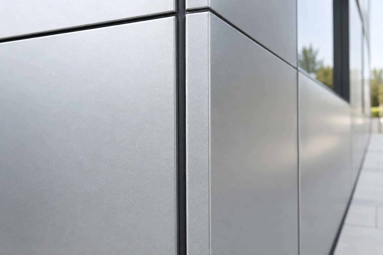 Esquina de fachada de panel de aluminio con acabado plata