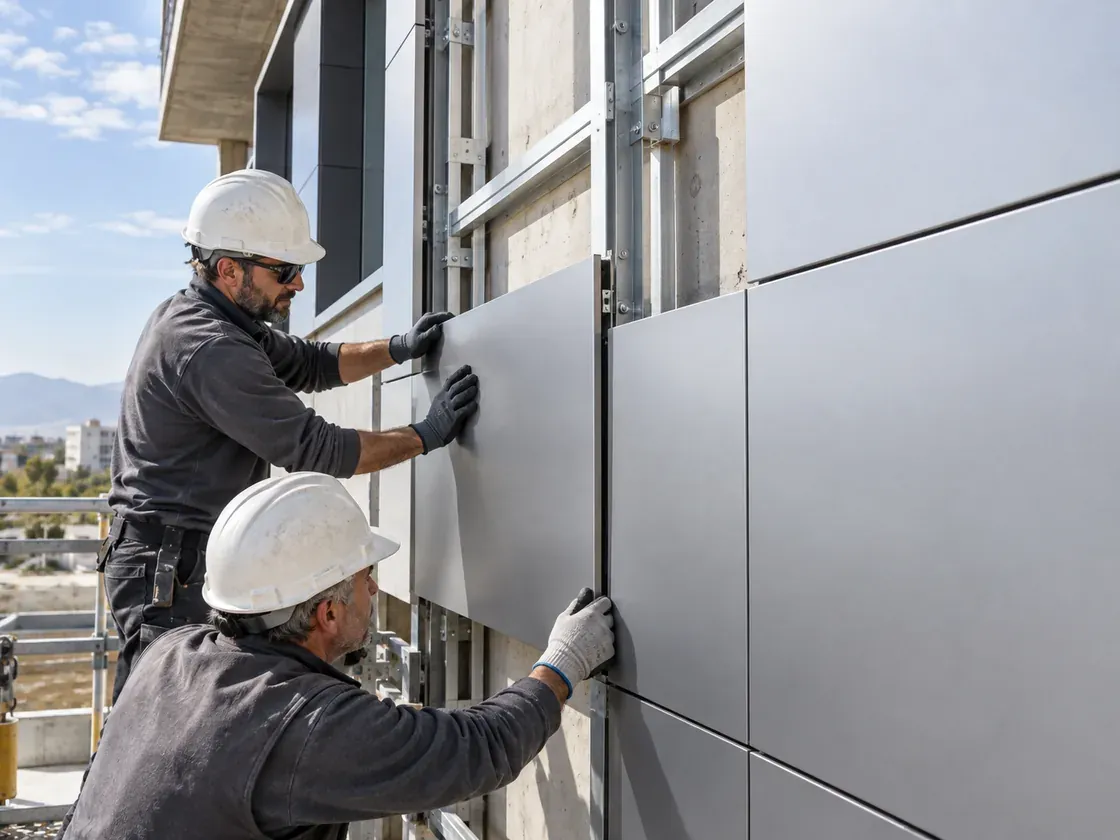 Instaladores colocando panel de aluminio sobre subestructura