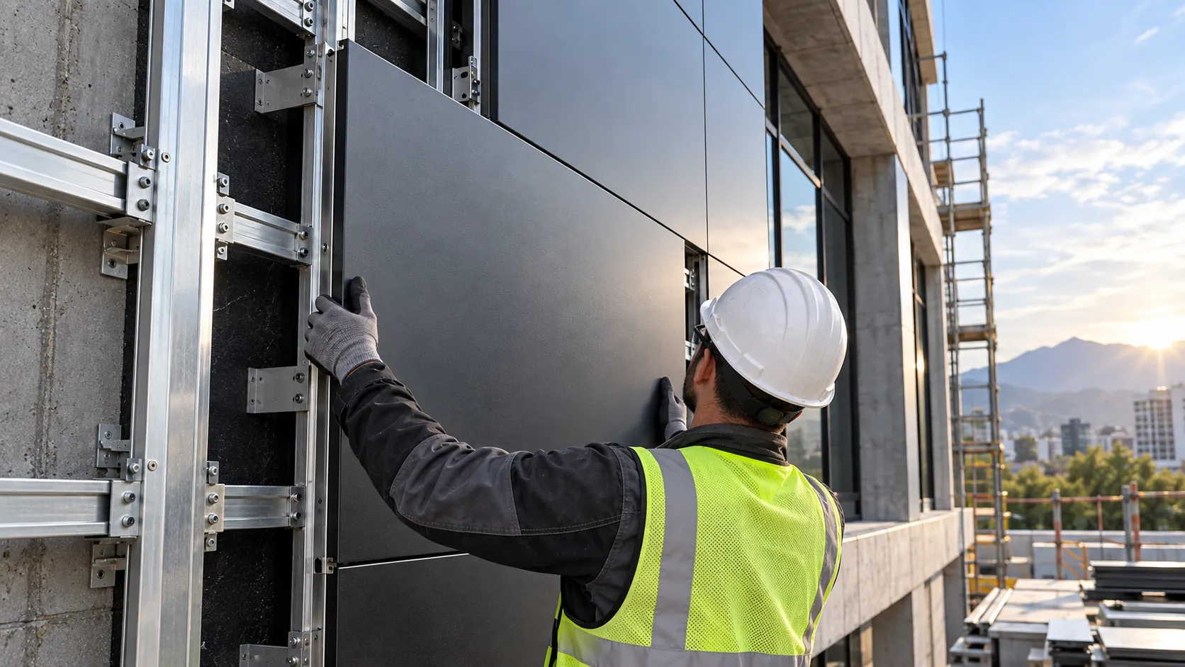 Instalador colocando panel de aluminio compuesto sobre subestructura metálica