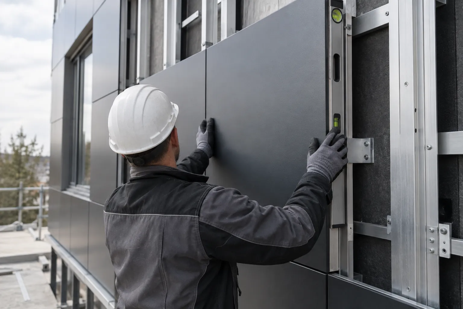Instalador nivelando un panel de aluminio