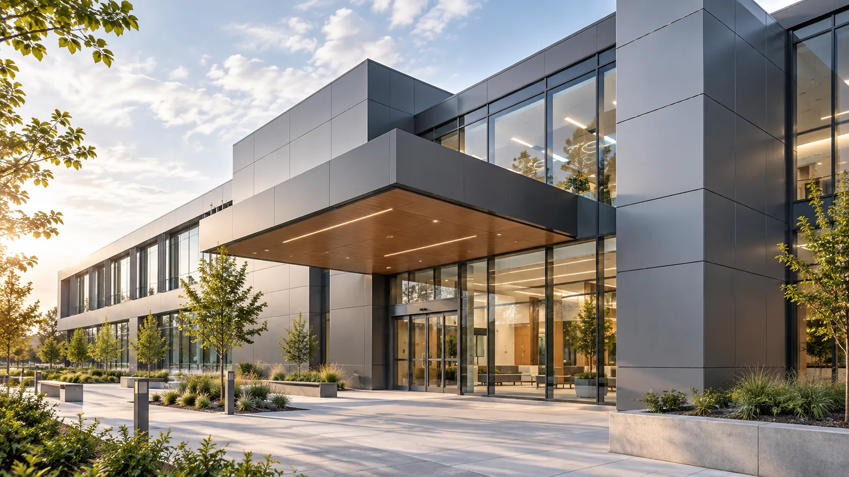Edificio de oficinas con fachada de panel de aluminio y marquesina